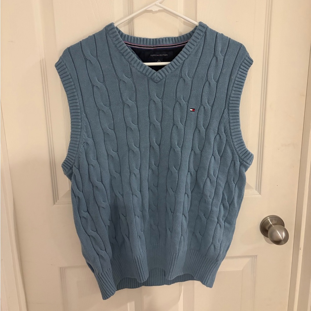 Vintage Tommy Hilfiger Men's Blue Cable Knit Sweater Vest